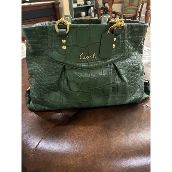 Coach Ashley Green Croc Embossed Leather Carry All Tote Handbag Purse Bag - Picture 3 of 13